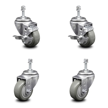 Service Caster 3 Inch Gray Polyurethane Wheel Swivel 10mm Threaded Stem Caster Brakes, 2PK SCC-TS20S314-PPUB-TLB-M1015-2-S-2